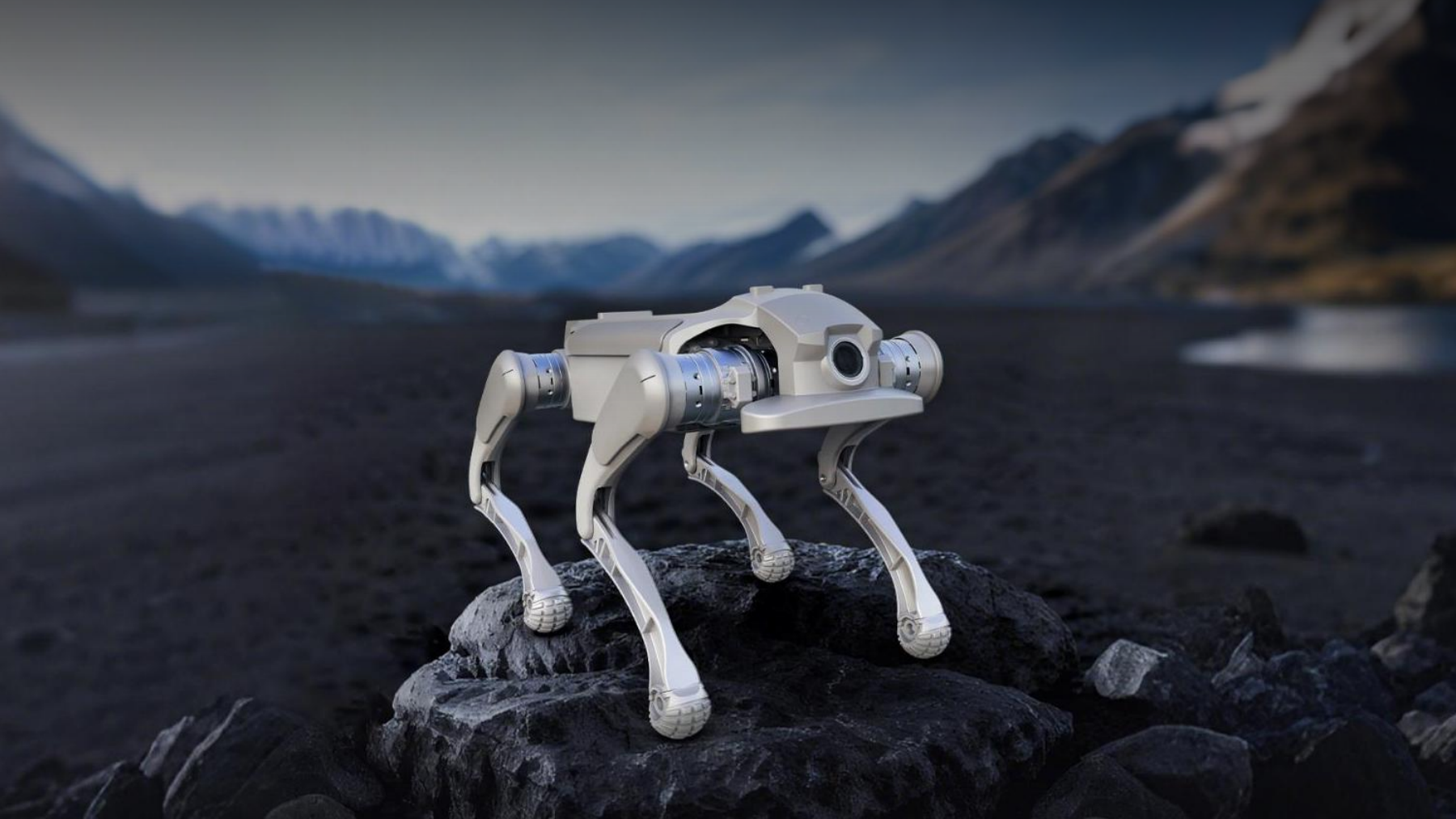 GBL01 compact industrial quadruped robot on rocky terrain