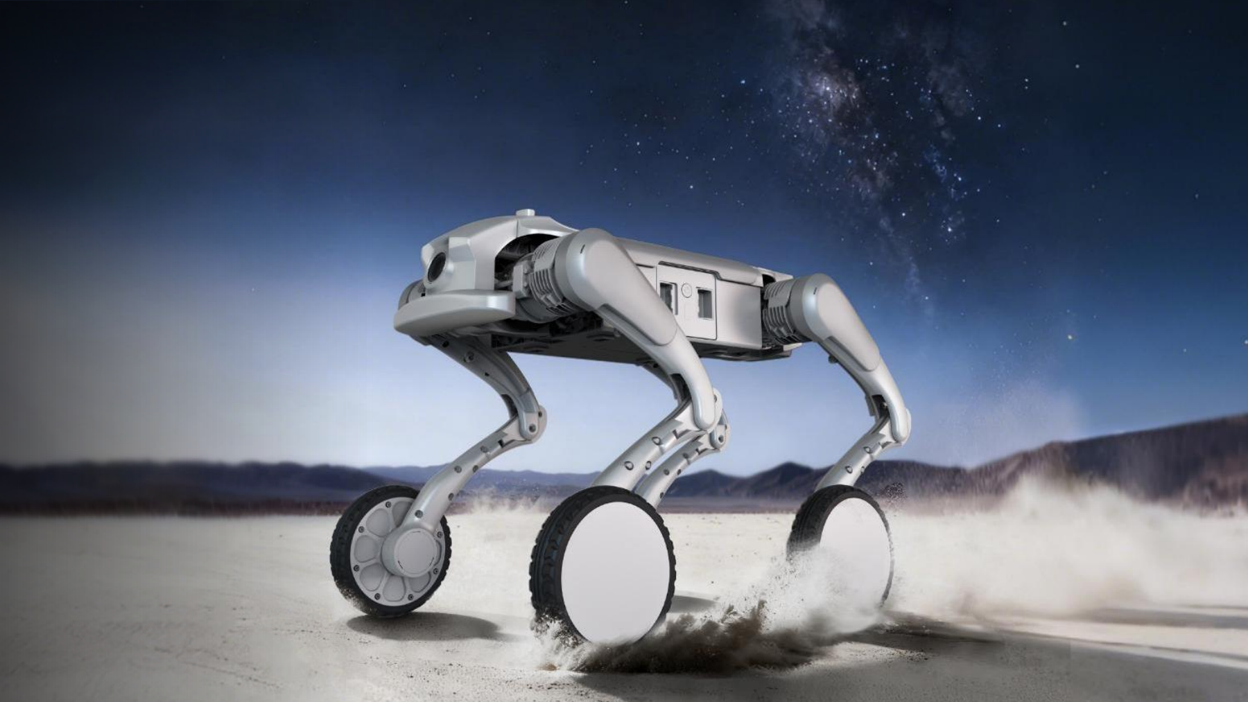 Wheeled-legged quadruped robot crossing a desert at night
